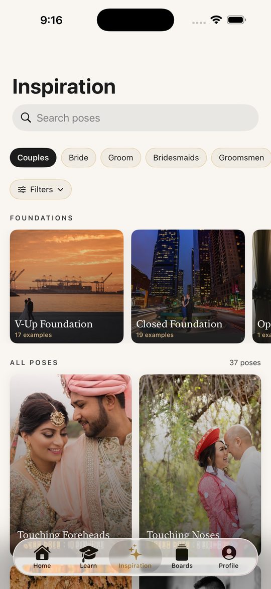 The Inspiration screen in Cue & Capture, showing pose cards grouped by foundation.