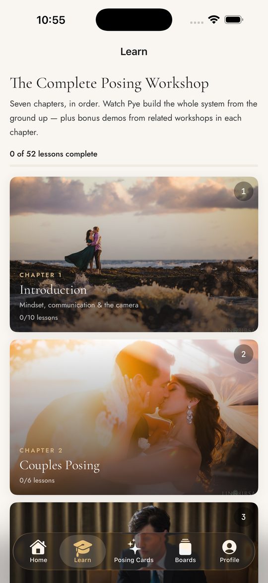 The Learn tab, showing workshop chapters as photo cards with lesson counts.