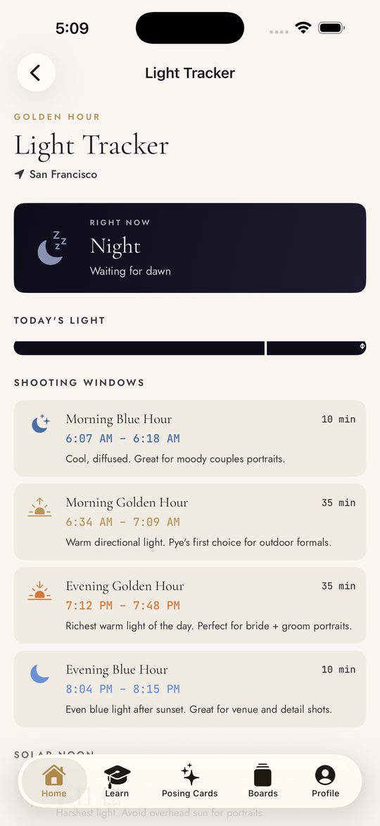 The Light Tracker, showing golden hour and sunset times for the photographer's current location.