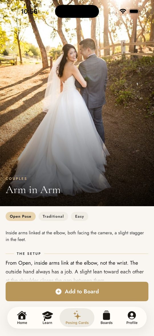 The pose card for Walking Away, One Leading, showing the photograph and the pose name.